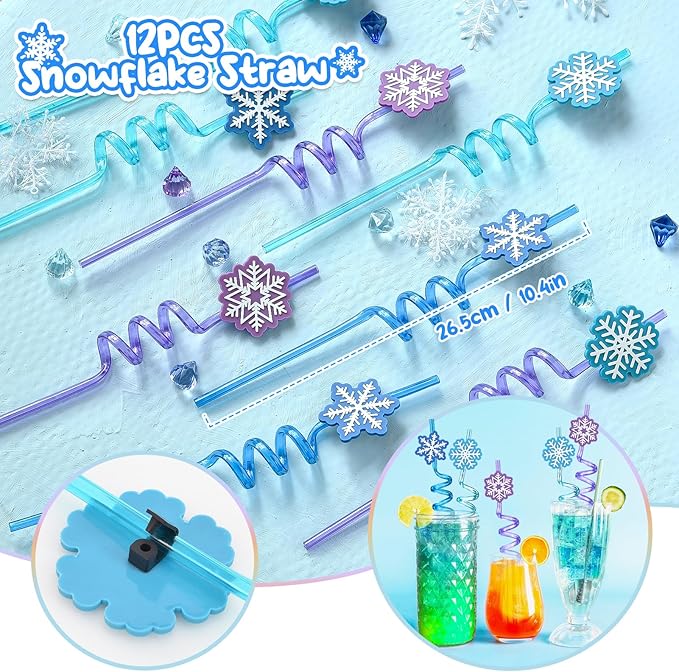 Golray 98pcs Snow Party Favors Birthday Supplies for Girls Kids Snowflake Straw Bubble Wands Sticker Toy Prize Filler Goodie Bag Stuffer Winter Girl Party Favors