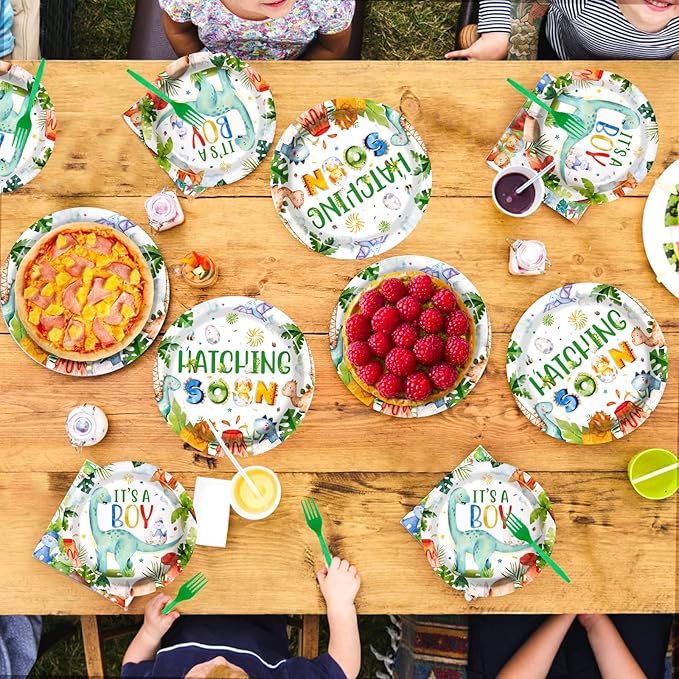 Grencian 96Pcs Dinosaur Baby Shower Decorations Watercolor Dinosaur Plates and Napkins Disposable Hatching Soon Baby Shower Tableware Set for Dino Baby Shower Boy Birthday Party Supplies, Serves 24