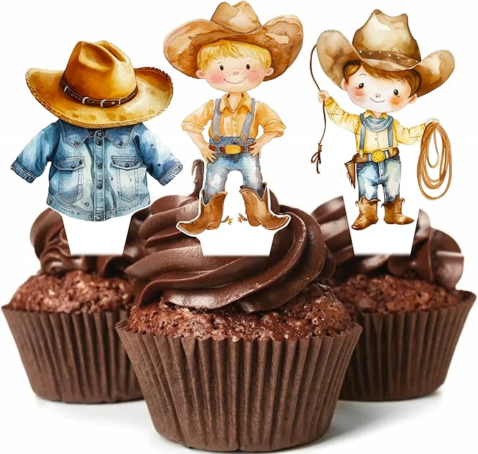 48pcs Western Cowboy Theme Cupcake Toppers for Boy Little Cowboy Baby Shower Cupcake Decorations for First Rodeo Birthday Party A Little Cowboy is On The Way Party Supplies