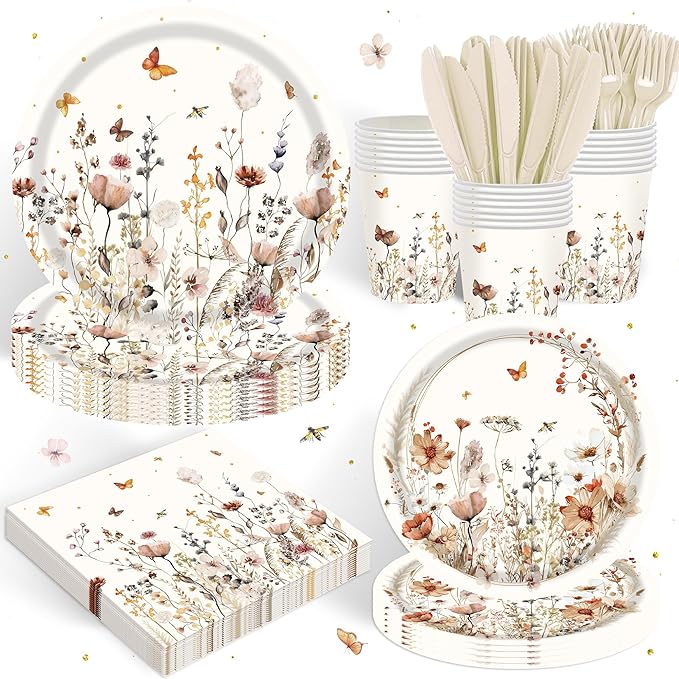 120 PCS Spring Wildflower Party Decorations Birthday Party Supplies Including Plates, Cups, Napkins, Tableware for Wildflower Decorations, 20 Servings