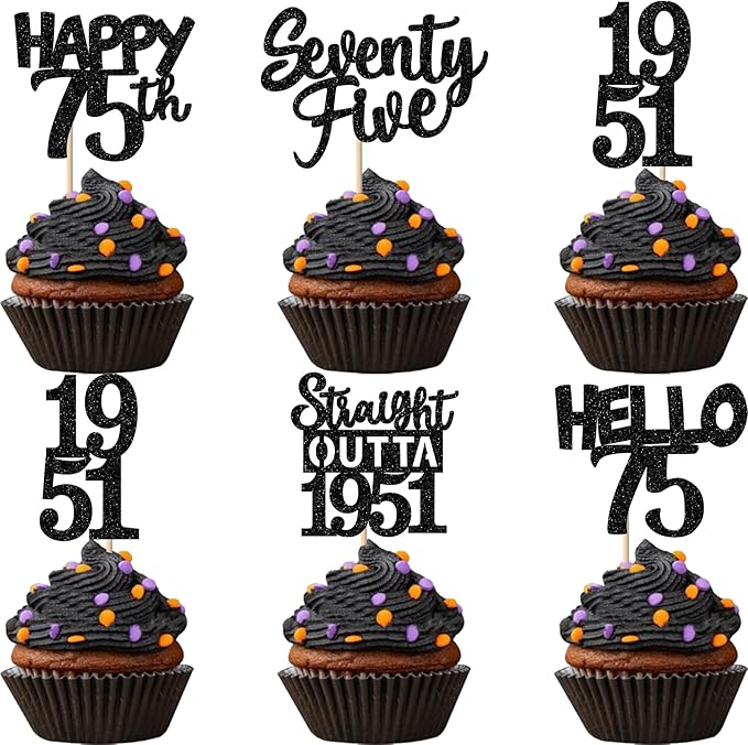 30PCS Black 75th Birthday Cupcake Toppers Glitter Seventy Five Happy 75th Straight Outta 1951 Cupcake Picks for Cheers to 75 Years Birthday Anniversary Party Cake Decorations Supplies