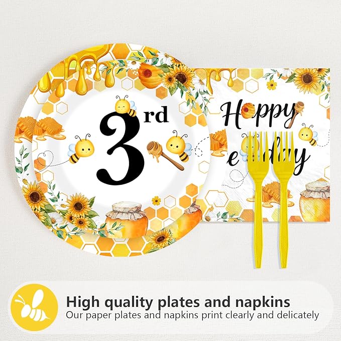 96 Pcs Bee 3rd Birthday Party Supplies Bumble Bee Theme So Sweet to Bee Three Party Plates and Napkins Disposable 3 Years Old Tableware Set for Kids Baby Shower Birthday Decorations, Serves 24