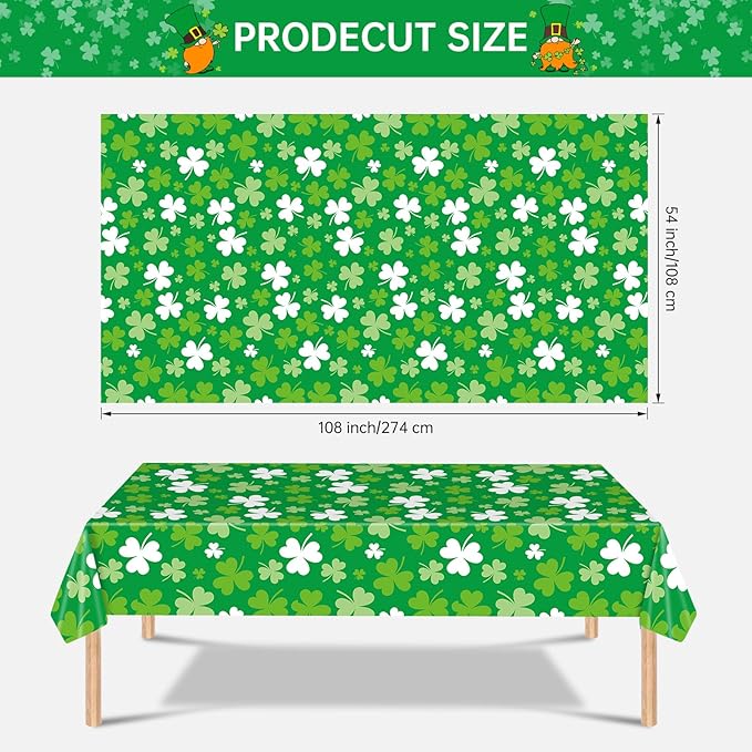 2 Pack St Patrick's Day Tablecloth - Green Shamrock Table Cloth, Plastic Disposable Rectangle Luck Irish Clover Table Cover for Saint Patrick Day Table Decorations and Party Decor, 108 x 54 Inch