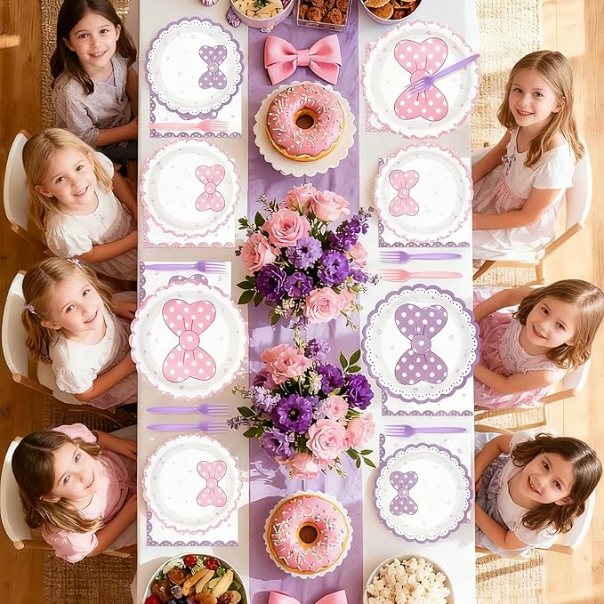 96Pcs Cartoon Mouse Party Decorations Cute Mouse Birthday Paper Plates and Napkins Tableware Sets Pink and Purple Bows Themed Decor for Girls Holiday Birthday Party Supplies Serves 24