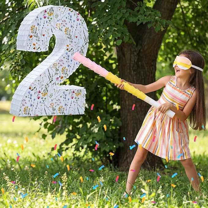 Wildflower Number Pinata Birthday Decorations Spring Floral Pinata with Stick Blindfold Confetti for Birthday Party Supplies Baby Shower Decor(Number 2)
