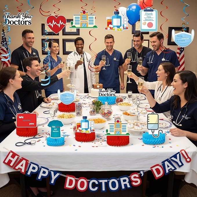 36 Pcs Doctor's Day Appreciation Decoration Thank You Doctor Table Honeycomb Centerpieces Appreciate Hanging Swirls Banner for National Doctors' Day Medical Students Party Supplies