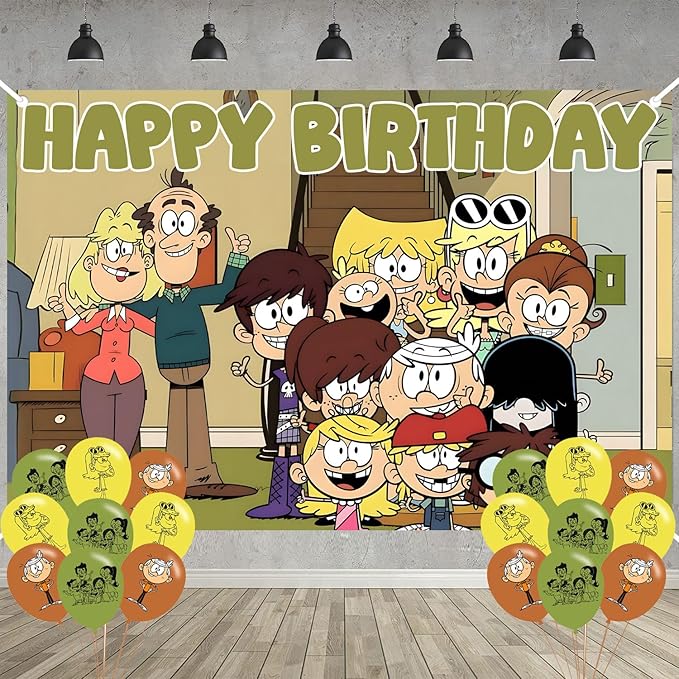 The Loud House Birthday Party Decoration,Loud House Party Photo Background 5 x 3 FT and 18 Pcs Balloon,Merch Party Backdrop Supplies