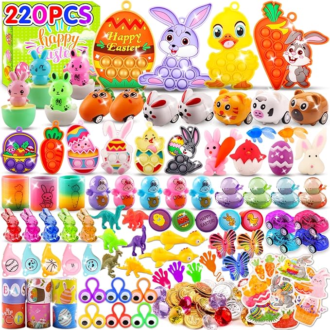 220PCS Easter Egg Fillers, Easter Basket Stuffers for Kids, Assorted Small Toys Party Favors, Easter Egg Hunt Supplies, Classroom Prizes Goodie Bags Stuffers, Easter Treats for Boys Girls