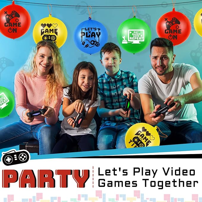 32 Pcs Video Game Punch Balloons Pixelated Punch Ball Pixel Video Game Balloons Latex Balls Toys for Birthday Party Favors Supplies, Goodie Bag Filler(Blue, Red, Yellow, Green)