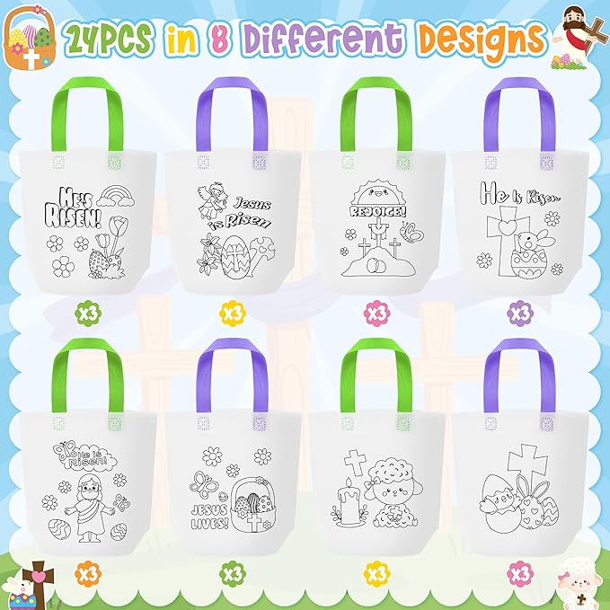 Easter Coloring Goodie Bags for Kids - 24Pcs He is Risen Bulk Color Your Own Gift Bags with Handle Religious Jesus Reusable Non Woven Coloring Tote Packet for DIY Crafts Painting Party Favor Supplies