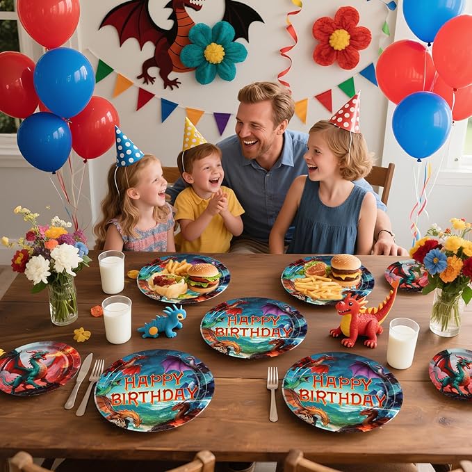 Grencian 96Pcs Dragon Birthday Party Supplies - Red Fire Dragon Party Plates and Napkins Disposable Dragons Theme Dessert Tableware Set for Kids Boys Fantasy Birthday Supplies Serves 24