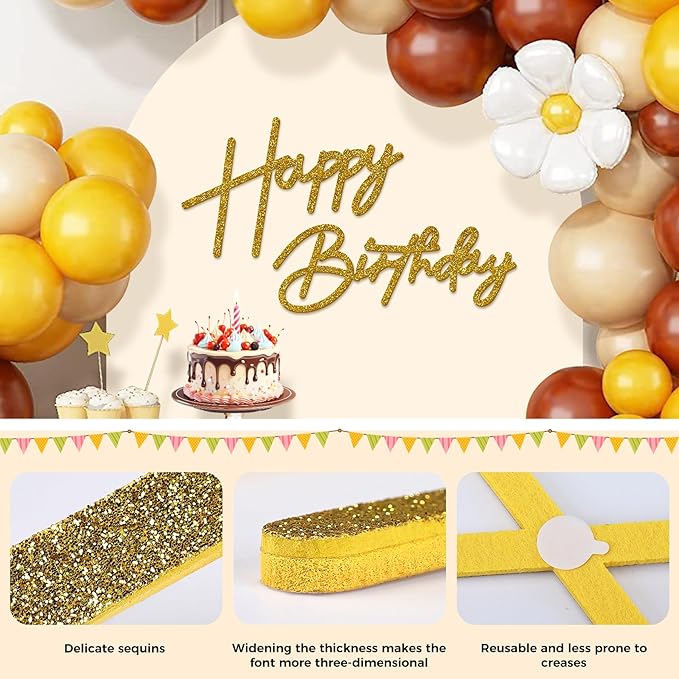 Babenest Gold Felt Happy Birthday Sign - Reusable Strong Adhesion Banner for Backdrop, Balloon Arch Decor, Party Supplies Reception Party Baby Shower Decorations