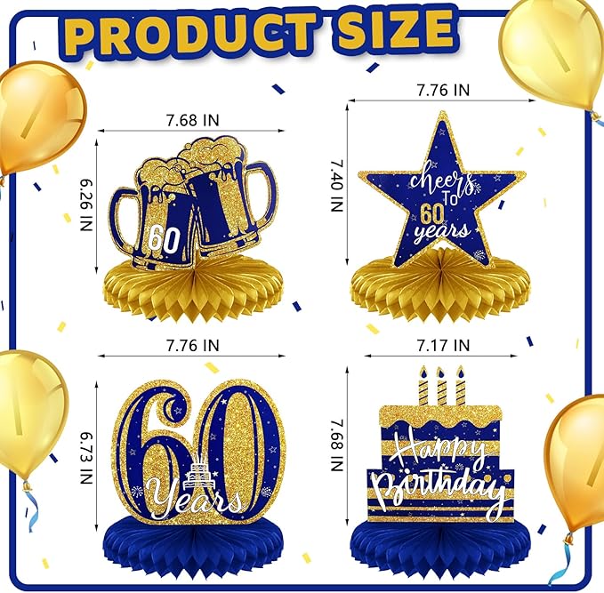 Spakon 8 Pieces Table Decorations Glitter Honeycomb Centerpieces Table Toppers Party Decorations for Men and Women Party Supplies(60th Birthday,Blue Gold)