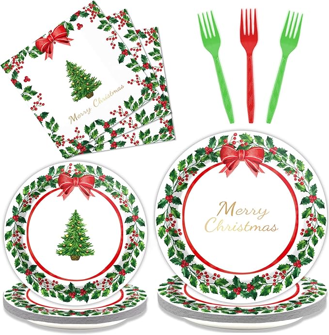 gisgfim 96 Pcs Christmas Paper Plates Napkins Party Supplies Holly Leaf Party Tableware Decorations Favors for Merry Christmas Birthday Serves 24