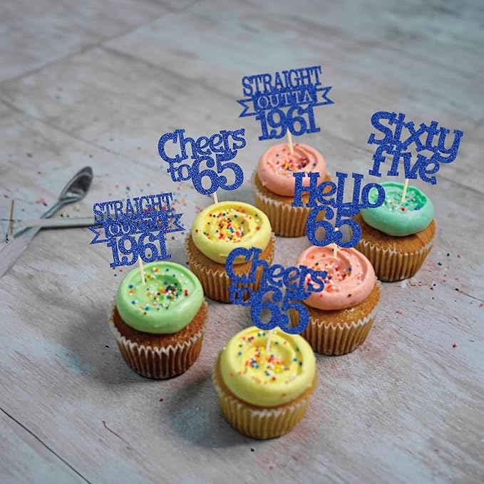 Ephlyn 24Pcs 65th Birthday Cupcake Toppers Glitter Straight Outta 1961 Cupcake Picks Hello 65 Cheers to 65 Years Cake Decorations for 65th Birthday Anniversary Party Decorations Supplies Blue