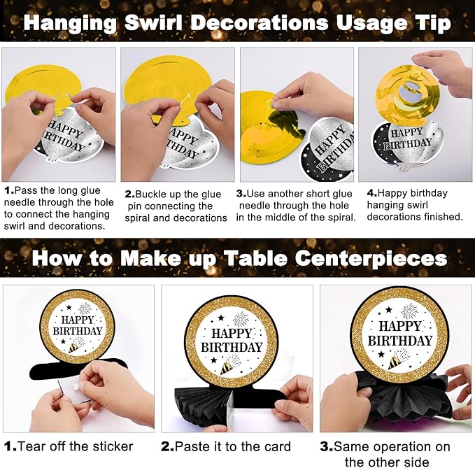 Black and Gold Birthday Decorations, Brithday Party Decorations for Men Boys Women Girls with Black Gold Happy Birthday Banner Decorations Tablecloth Backdrop Balloons Arch Bady Party Supplies