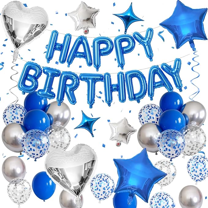 Blue Silver Birthday Decorations for Boys Dark Royal Navy Blue Metallic Silver Confetti Balloon Happy Birthday Banner 18/10 Inch Heart Foil Balloons Star Balloon for Men Bday Party Supplies