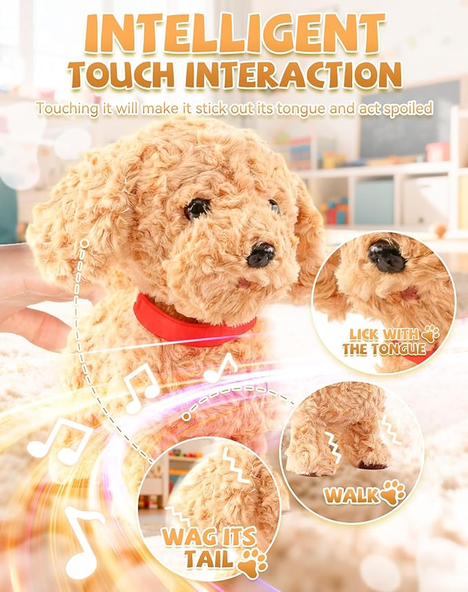 2026 Wuffy Robot Dog, Robotic Puppy Dog Realistic with Touch Sensing, Voice Mimic, Lifelike Sounds, Tongue & Licking Motion, Leash Remote for Kids, Battery Powered (Khaki)