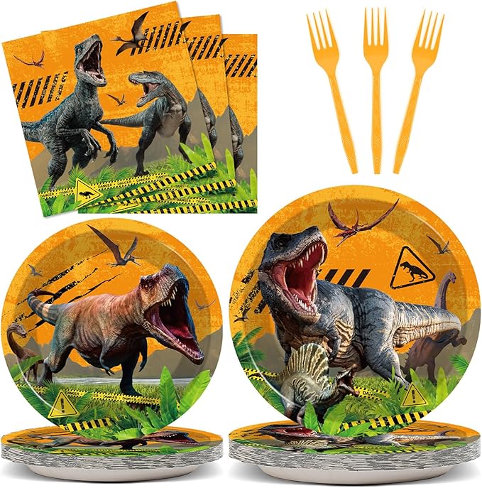 96 Pcs Dinosaurs Party Supplies Paper Plates Napkins Dinosaurs Themed Party Birthday Dinner Dessert Decorations Favors for Shower Decor Serves 24