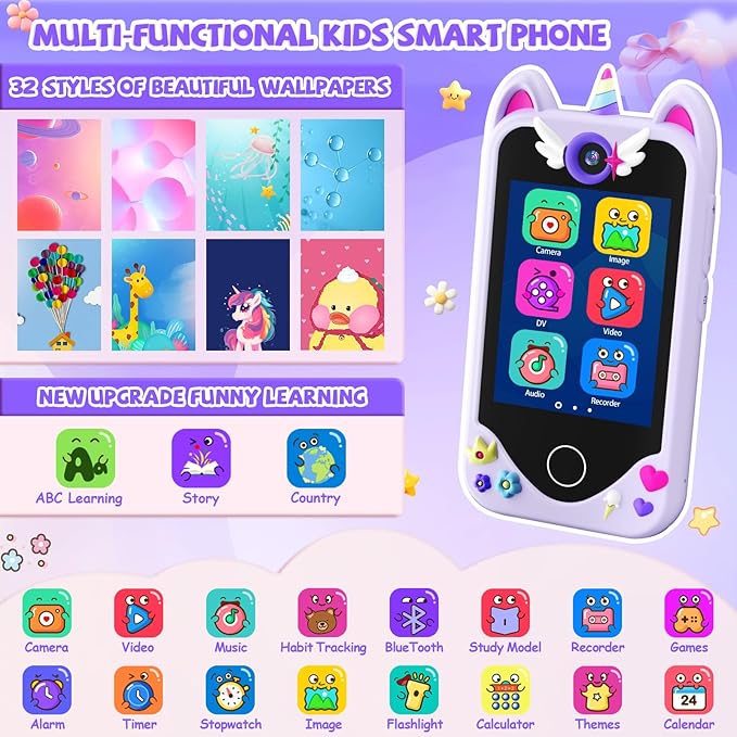Kids Smart Phone for Girls - Toddler Christmas Birthday Gift, Pretend Phone with Touchscreen, Dual Cameras, Learning, Music Player, Games, 32GB Card, Ages 3-10, Unisex