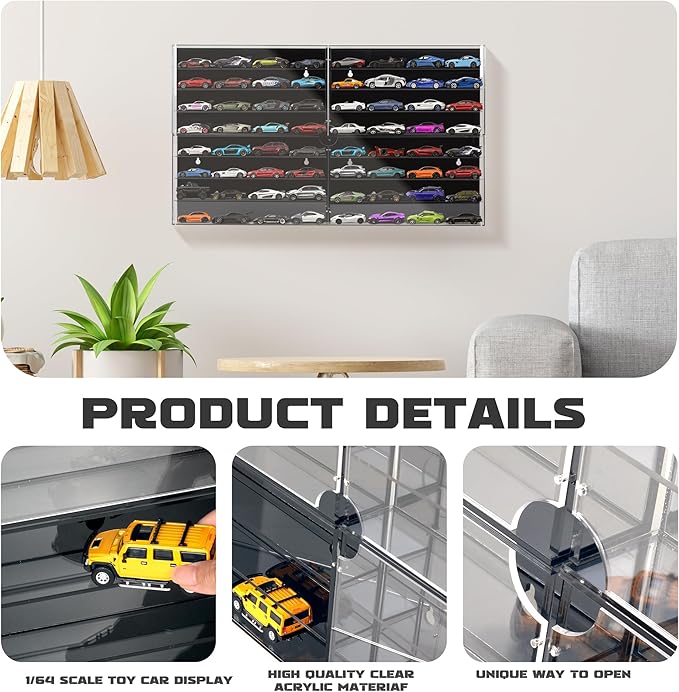 1/64 Scale Model Cars Display Case Wall-Mounted Diecast Toy Car Display Case Storage, Cabinet Lockable for 64 Mini Toys and Hot Wheels（Black, 27.5 X 15.7 X 1.8 inches）