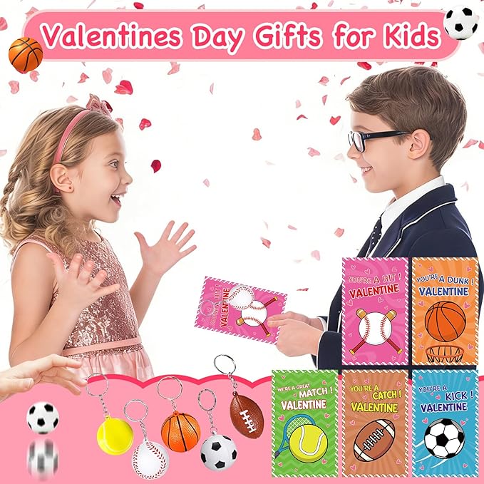 30 Pack Sports Valentines Cards Gifts for Kids School Classroom Squeeze Foam Balls Keychain Stress Relief Valentine Exchange Gift Prizes Class Game Valentine Party Favors for Kids Girls Boys
