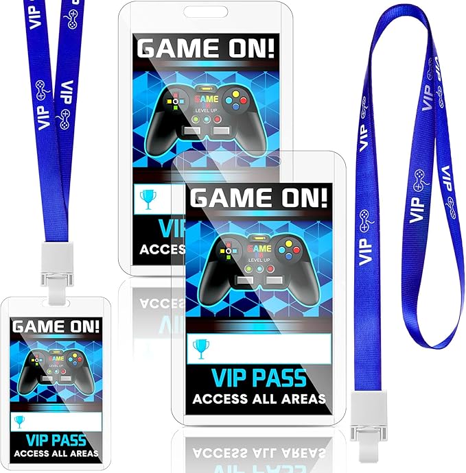 Leinuosen 16 Pieces Blue Video Game VIP Pass Holder Tickets Set Video Game Ticket Holder Gamer Party VIP Pass Lanyards for Birthday Party Supplies Favors