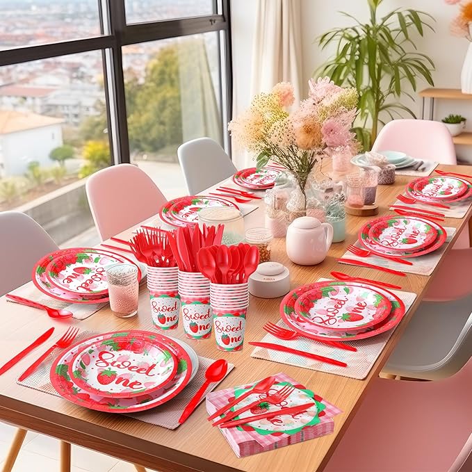 350 Pcs Strawberry Sweet One Party Supplies Tableware Set Disposable 9'' 7'' Paper Plates 9 oz Cups Cutlery Napkins Dinnerware Set for 1st Birthday, Serve 50 (Strawberry Sweet One, Red, Pink)