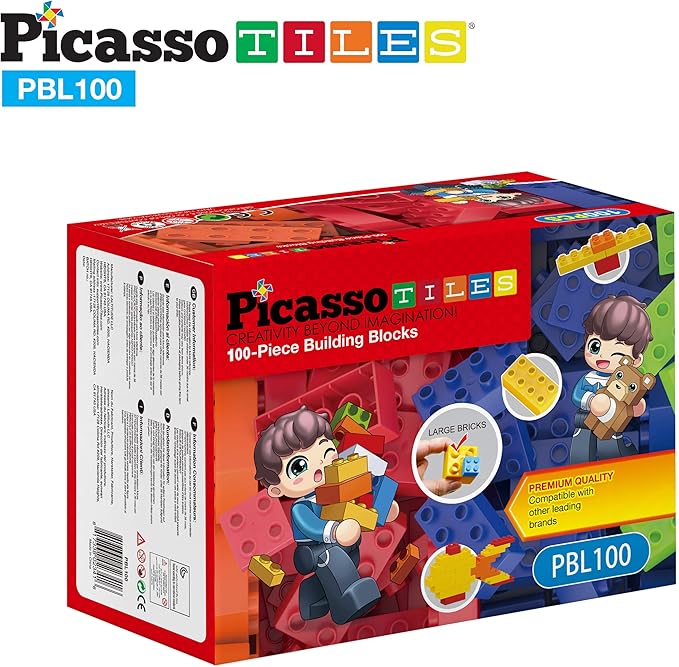 PicassoTiles 100 Piece Large Construction Brick Building Blocks STEM Bricks Toy Set Creative Learning Early Education Playset 5 Colors 4 Unique Shapes Mix & Match Toys for Kids Boys Girls Child Age 3+