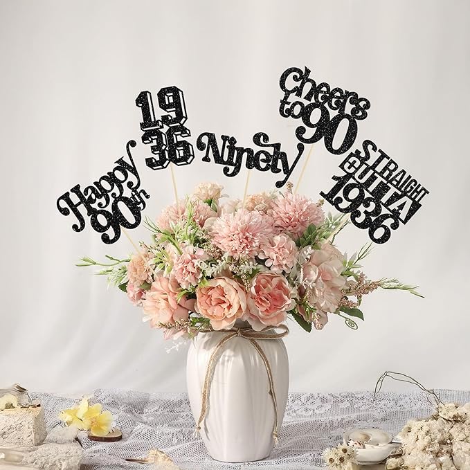 Gyufise 15Pcs Happy 90th Birthday Centerpiece Sticks Ninety Straight Outta 1936 Table Flower Centerpieces Sticks Cheers to 90 Decorations for 90th Birthday Party Supplies Black