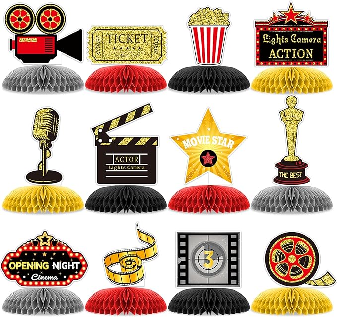 12 Pieces Movie Night Party Decorations Movie Birthday Honeycomb Centerpiece, Party Supplies Decor Microphone Ticket Table Decoration for Theater Birthday Women Men The Kids' Boys Girls