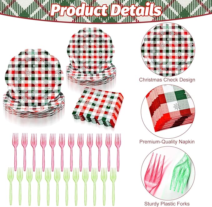 96 Pieces Christmas Plaid Tableware Set – Red and Green Checkered Disposable Plates, Napkins, and Forks with Snowflake Design for Holiday Parties, Winter Birthdays, and Seasonal Events