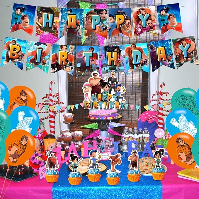 Wreck It Party Decorations,Ralph Birthday Party Supplies Includes Banner - Cake Topper - 12 Cupcake Toppers - 18 Balloons