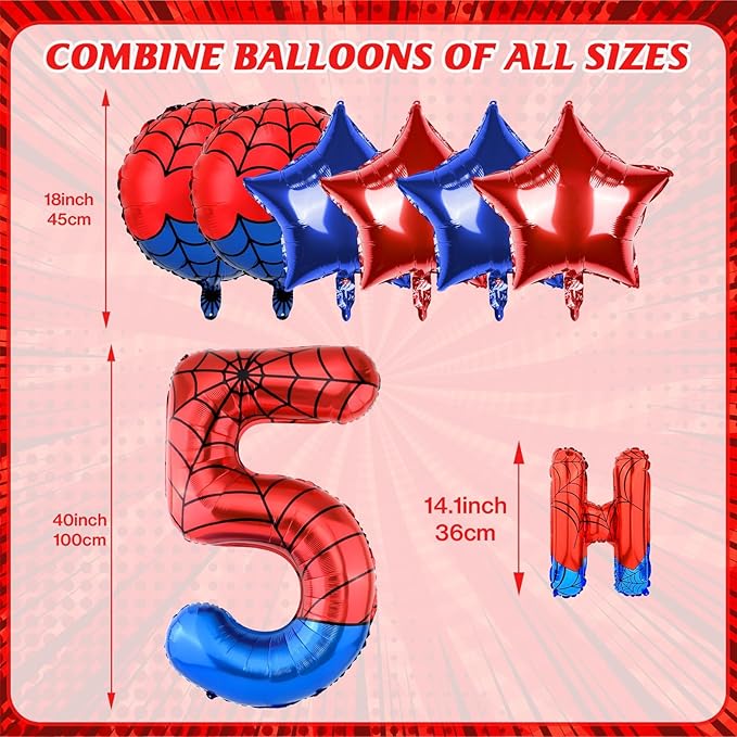 Spider Themed Happy Birthday Banner Party Decorations Set Including 40 Inch Number 5 Foil Balloons, Themed Party Essentials, Colorful Superhero Backdrop Supplies for Boys Indoor Outdoor Celebration