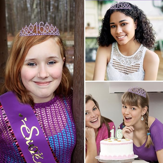 16th Birthday Party Essentials for Girls - Purple Decorations, Crown and Sash, Cake Topper for a Delightful Celebration