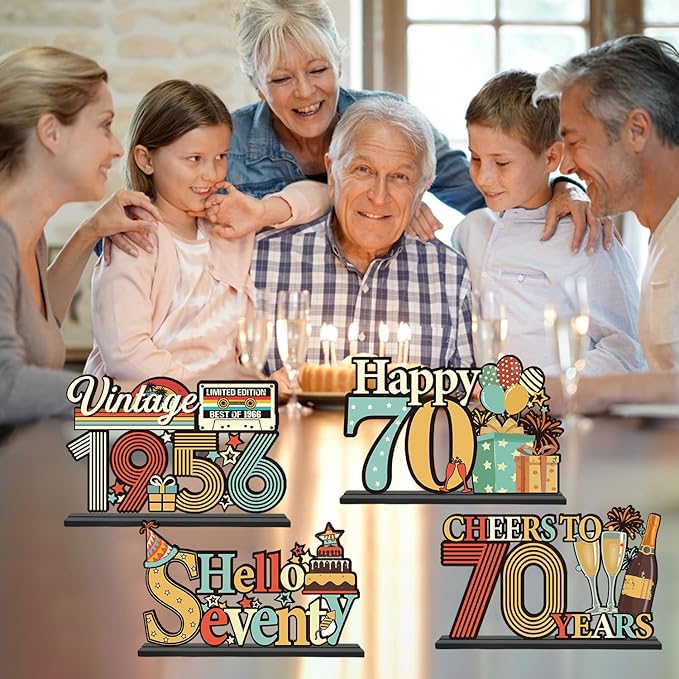 70th Birthday Decorations for Men Women - Colorful Hello Fifty Birthday Wooden Centerpieces Table Decor, Vintage 1956 Table Topper Sign, Cheers to 70 Years Old Bday Party Decor Supplies