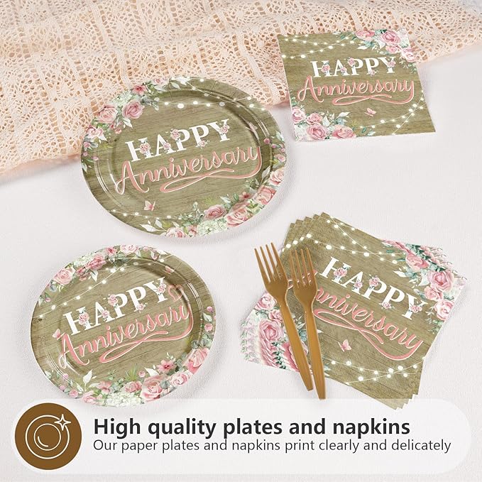 96Pcs Happy Anniversary Party Decorations Rustic Pink Floral Happy Anniversary Plates and Napkins Wooden Cheers to Marriage Decoration for 40th 50th Wedding Commemoration Day Party Supplies Serves 24