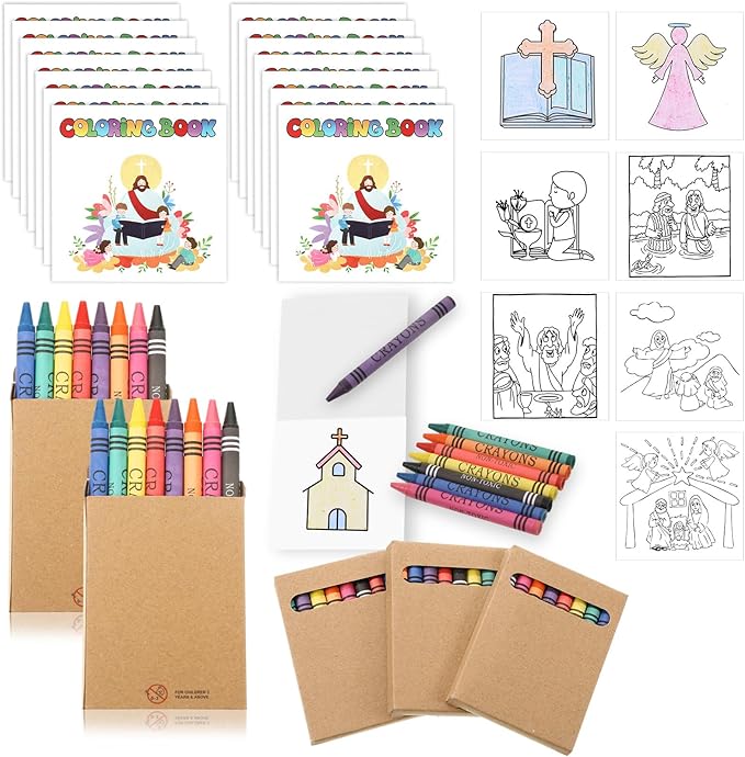 30 Sets 24 Pages Mini Christian Coloring Books with 8 Colors Crayons Bulk, Religious Coloring Books Bible Pages Christian Party Favors Goodie Bag Stuffers Gifts for Activities Church Craft