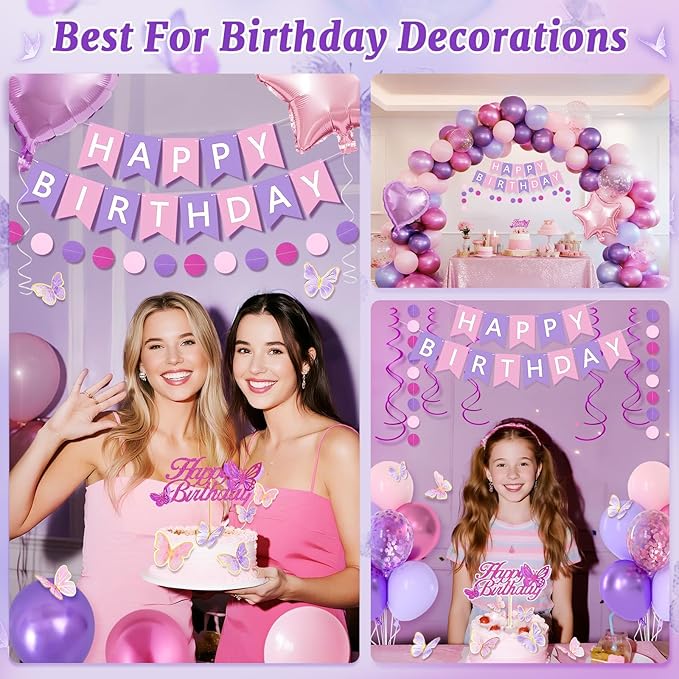 17th Purple Birthday Decorations for Girls, Pink and Purple Happy 17 Birthday Party Decorations with Happy Birthday Banner, Number Foil Balloons, Butterfly Cake Topper for 17th Party Supplies