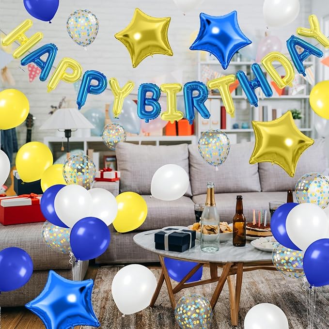 29PC Blue Yellow Happy Birthday Balloon Banner, 16 Inch 3D Aluminum Letter Banner Sign, Blue Yellow Confetti Balloon 18 Inch Star Foil Balloon for Women, Men Birthday Party Decorations