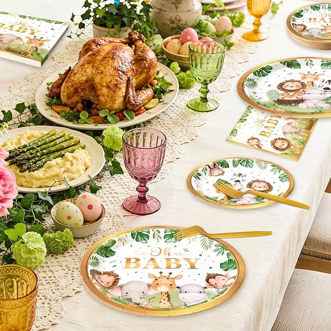 96 Pcs Safari Baby Shower Plates and Napkins Tableware Set (Serves 24), Plates Napkins and Forks Sets, Party Supplies, Jungle Safari Baby Shower Decorations