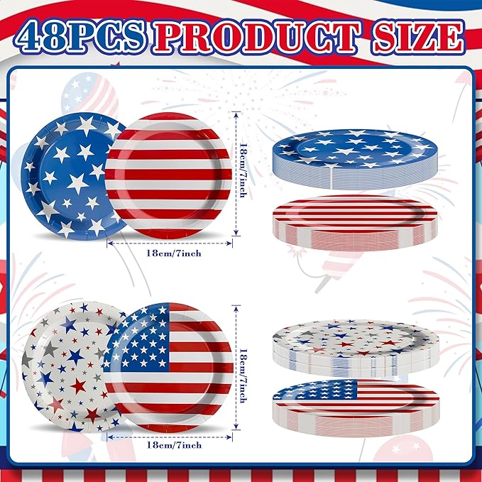 48Pcs 4th of July Plates, 4th of July Decorations American Flag Patriotic Party Supplies Disposable Paper Plates for Memorial Day Veterans Day Independence Day Party Decorations
