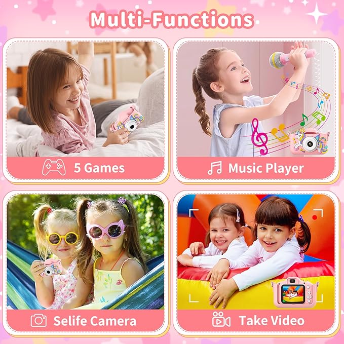 Pink Unicorn Kids Camera, Digital Camera for Toddler Boys Girls Children Selfie Camera Toy with 2 Inch Screen, 32GB Card for Age 3-12 Birthday (A Pink Unicorn)