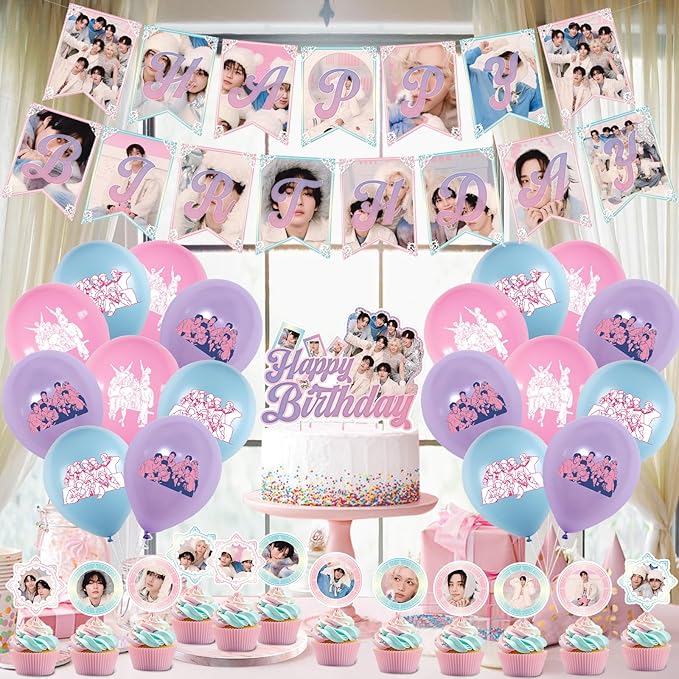 Birthday Party Supplies,MeiYiYou Birthday Decorations Set - Banners,Cake Toppers,21PCS Cupcake Toppers Perfect for Boys and Girls(Pink)