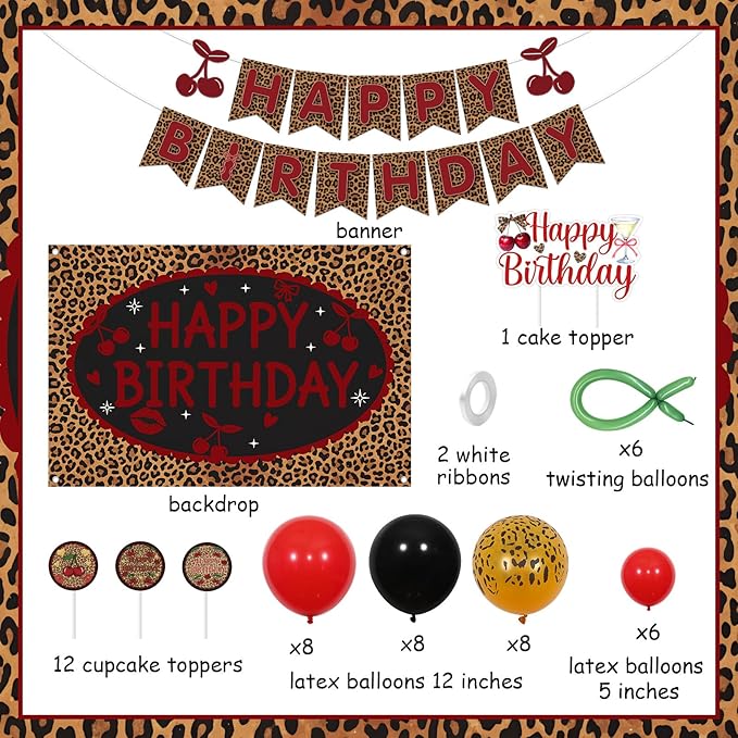 Cheereveal Cheetah Cherry Birthday Party Decorations Kit, Happy Birthday Leopard Backdrop Banner, Cherry Cake Topper Cupcake Picks, Safari Red Black Leopard Print Balloons for Girls Women Bachelorette