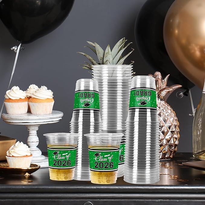 Gatherfun Class of 2026 Celebration - 100 Pcs 16oz Green Graduation Plastic Cups for Sturdy & Durable Drinkware for Grad Festivities | Essential Graduation Party Supplies & Decorations