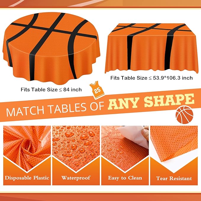 6 Pack Round Basketball Tablecloth 84 Inch Plastic Basketball Party Decorations Disposable Table Cloth Washable Disposable Circle Table Cover for Birthday Party Supplies Decoration