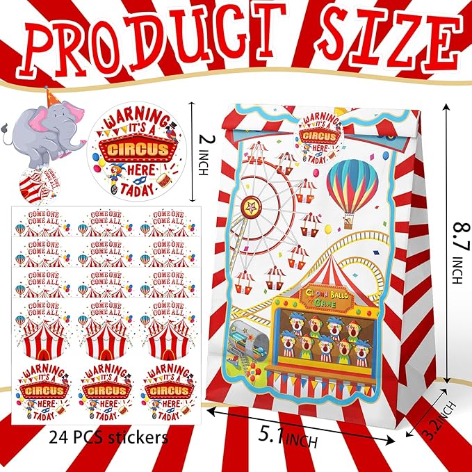 HaPiBiDesign Circus Party Favor Bags - 24 Pcs Carnival Party Candy Bags with Stickers - Carnival Goodie Gift Treat Bags - Watercolor Circus Themed Birthday Party Supplies