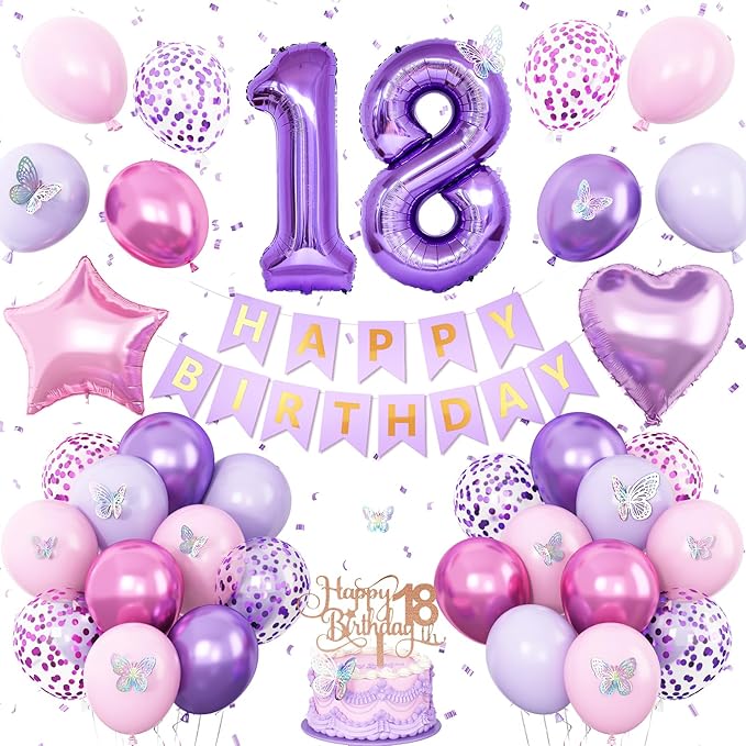18th Purple Birthday Decorations,Pink Purple 18th Birthday Decorations for Girls Lavender Party Decor Set with Number Foil Balloons Cake Topper Butterfly Stickers for Girls 18th Party Decorations