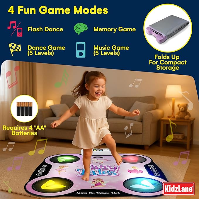 Kidzlane Light Up DJ Dance Mat for Kids - Bluetooth & AUX Compatible - 3 Fun Arcade Games with 5 Difficulty Levels - Detachable Top Mats with Fairytale & Speaker Motives - Adjustable Volume - Ages 6+